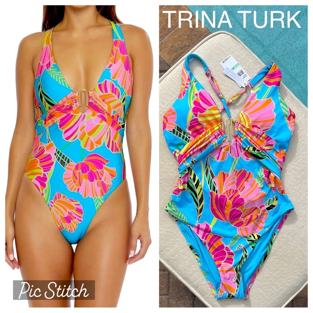 TRINA TURK Poppy floral one piece plunge swimsuit